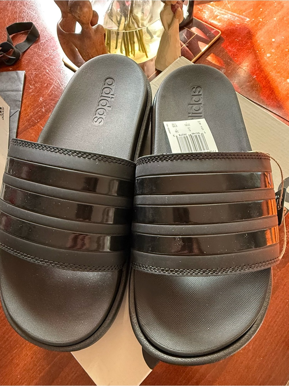 adidas Black Gloss Three-Stripe Slide Sandals - Black